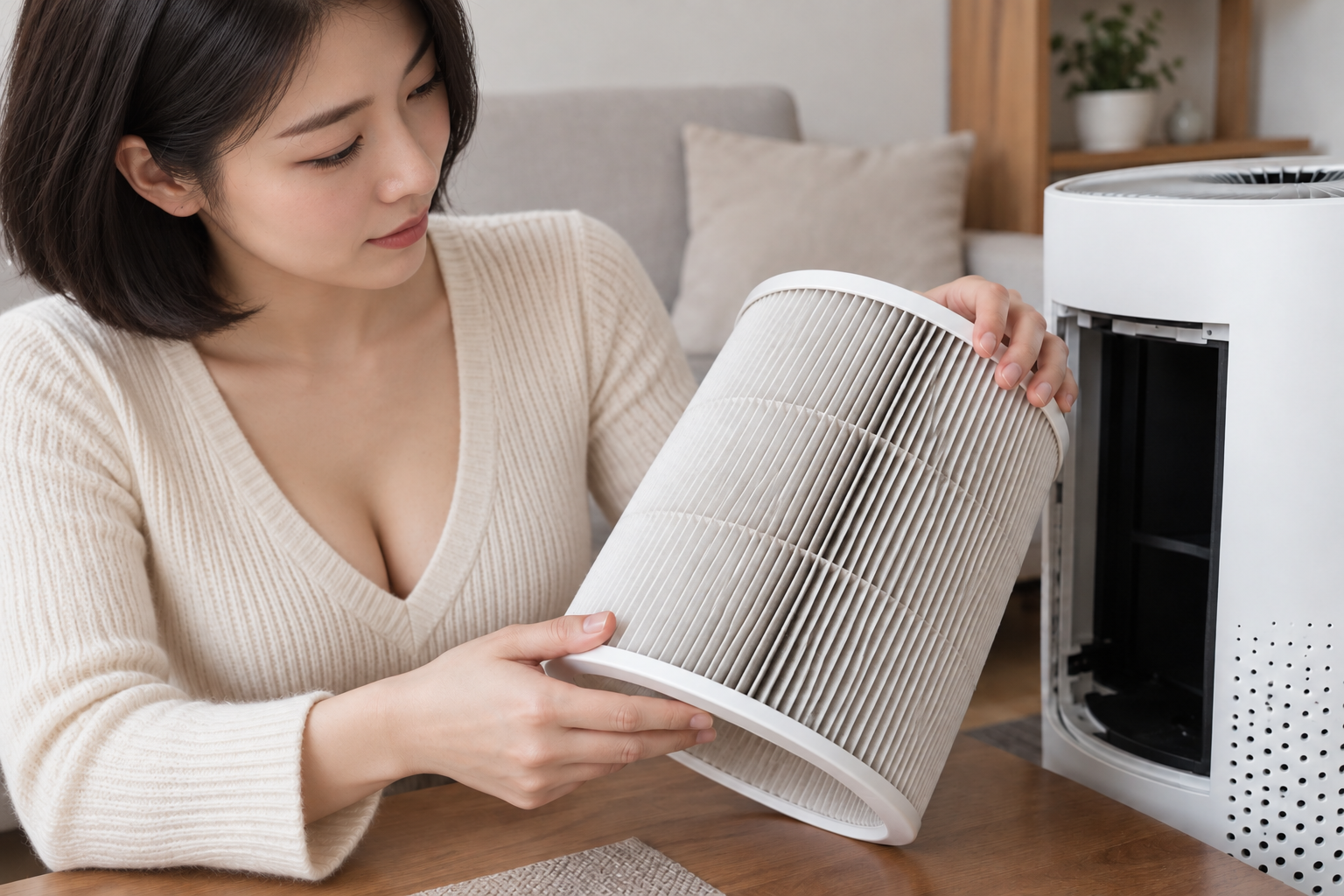 설명용 공기청정기에서 분리한 마른 집진필터를 확인하는 단발머리의 성인 여성