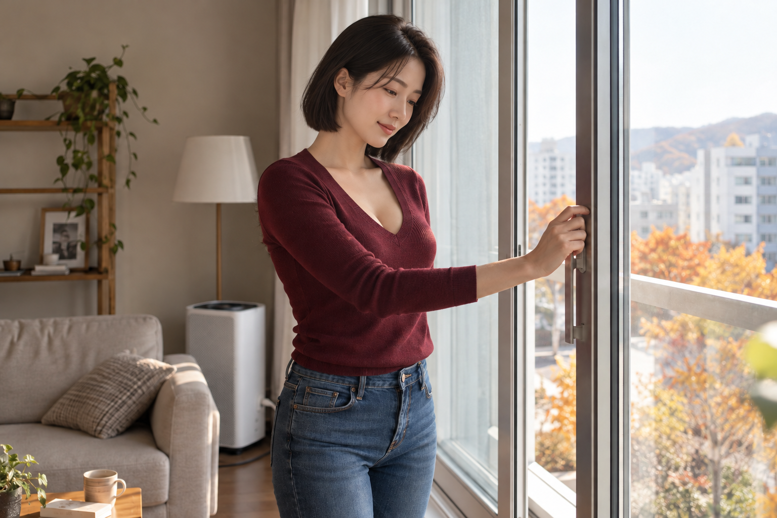 거실 창문을 열어 환기하는 단발머리의 성인 한국 여성