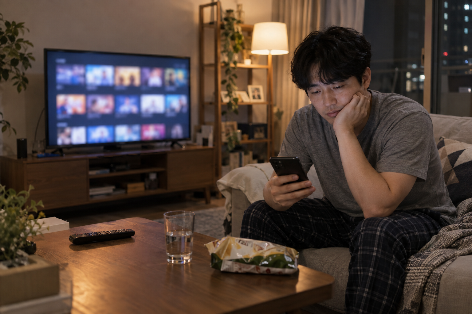 한국 가정의 거실에서 TV를 켜둔 채 휴대폰을 보는 남성, AI 생성 이미지