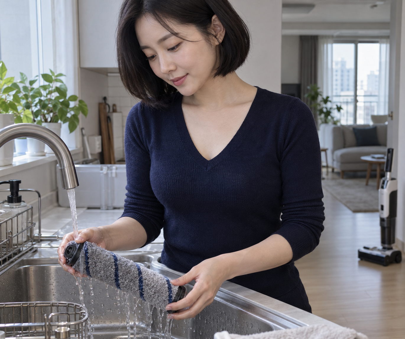 단발머리의 성인 여성이 본체에서 분리한 세척 가능한 롤러를 싱크대에서 씻는 설명용 장면