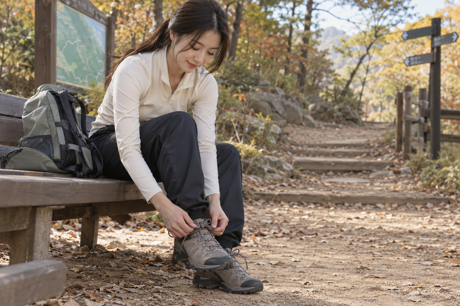 가을 숲길 입구에서 신발끈을 묶는 성인 한국 여성의 AI 예시 장면, 아래 비교 제품의 착용 사진이 아님
