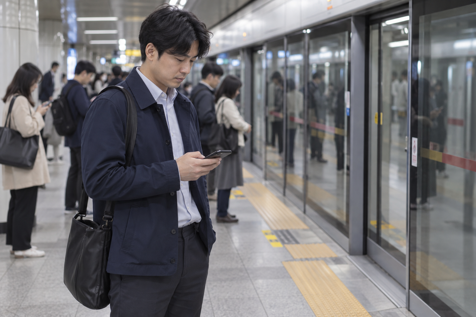 지하철 승강장에서 휴대폰으로 안내를 확인하는 한국 직장인, AI 생성 이미지