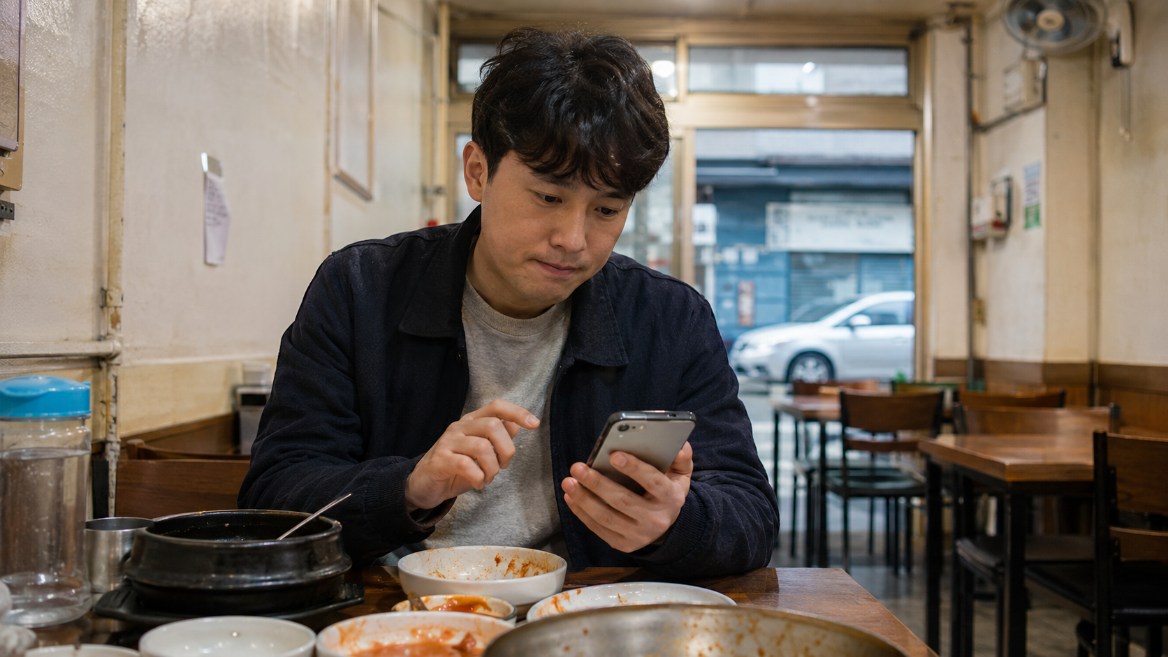 식사가 끝난 뒤 빈 접시가 놓인 테이블에서 손님이 별점 화면 앞에 잠시 망설이는 장면