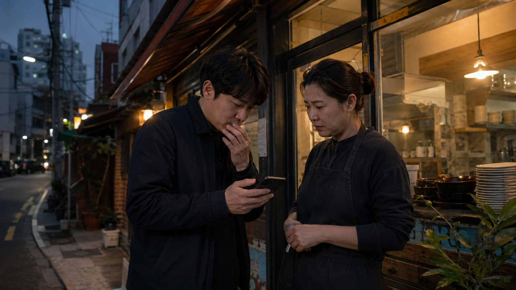 서울 골목의 작은 식당 앞에서 손님과 사장이 휴대폰의 별점 화면을 서로 다른 표정으로 바라보는 장면