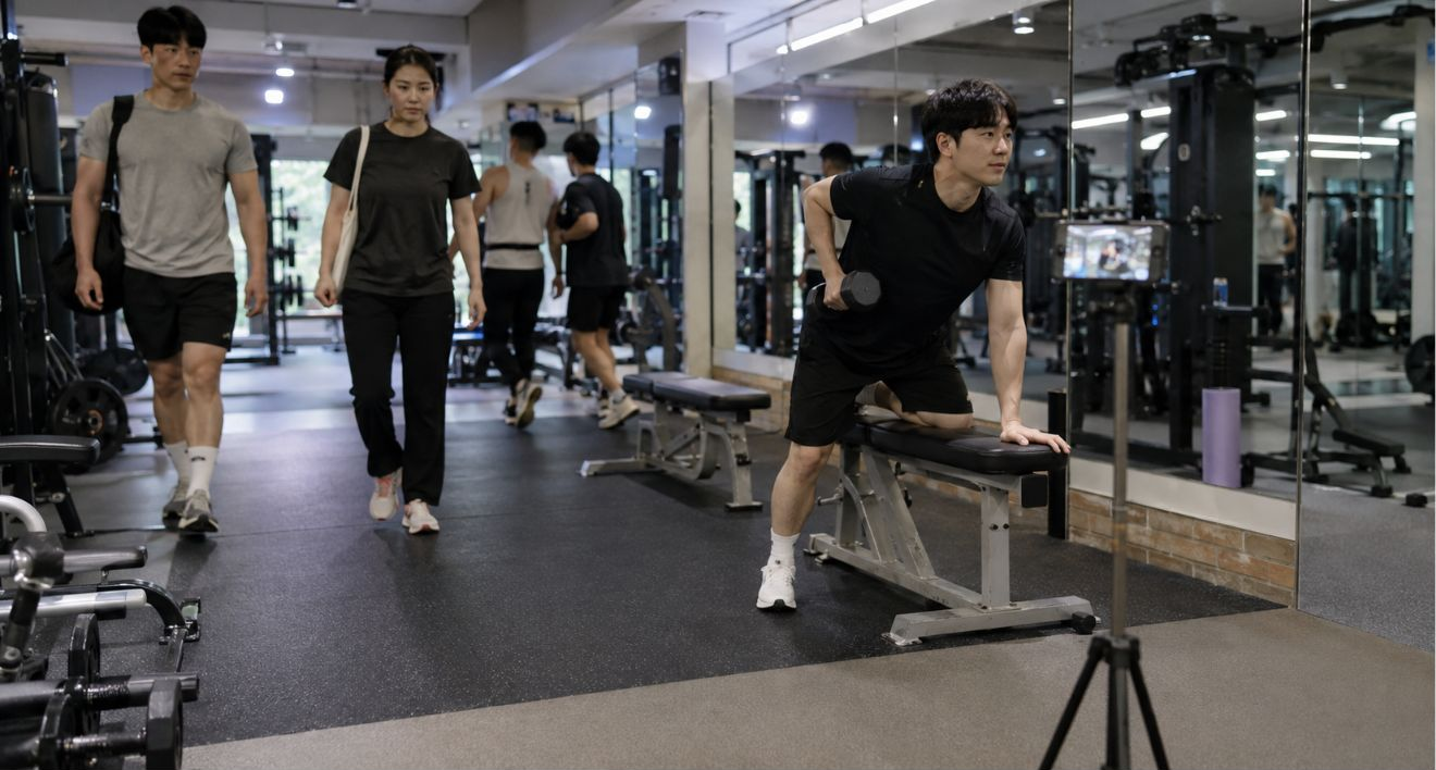 한국 헬스장에서 삼각대에 세운 스마트폰 옆으로 운동하는 사람들이 지나가는 장면