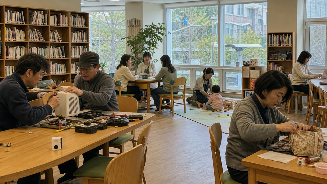 동네 도서관 같은 공간에서 사람들이 배우고 돌보고 수리하는 활동을 함께 하는 장면