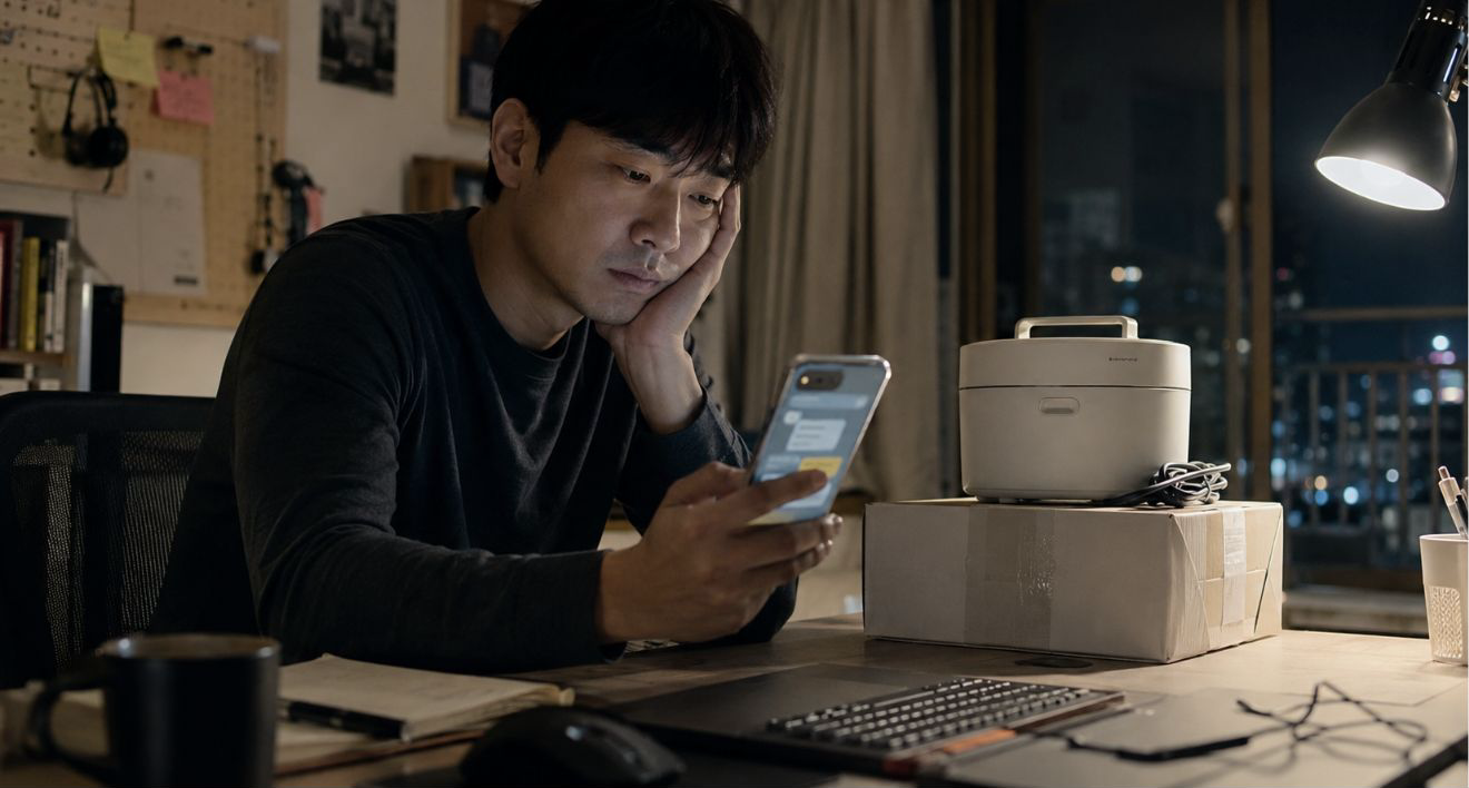 중고거래 앱 채팅창을 보며 지친 표정을 짓는 한국인의 책상 위 장면