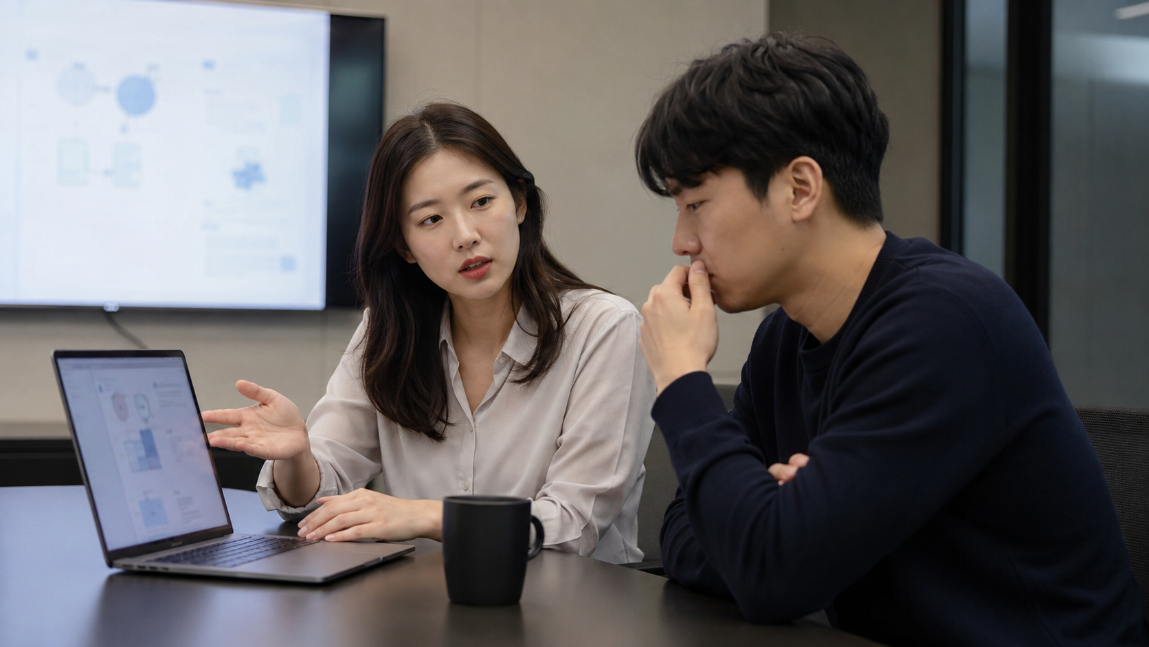 사무실 회의실에서 노트북 화면을 사이에 두고 낯선 기술 용어를 설명하는 장면