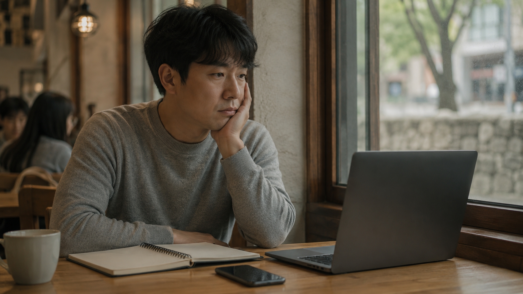 한국 카페 창가에서 노트북과 휴대폰을 앞에 두고 AI 용어를 공부하다 잠시 멈춘 사람