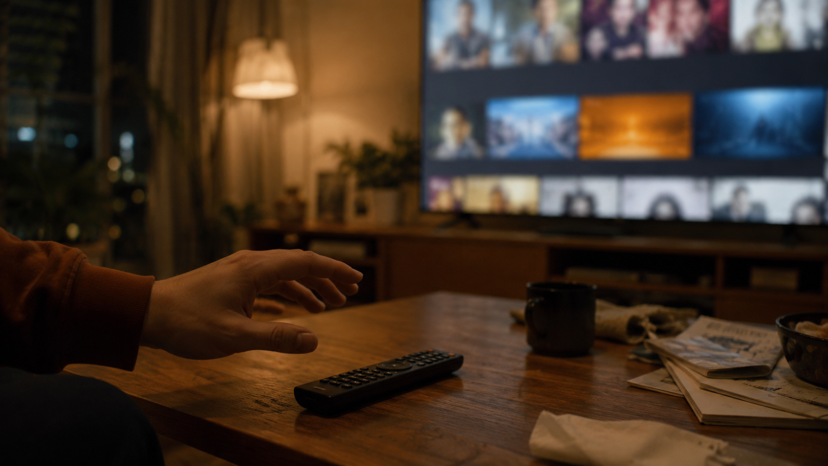 스마트 TV 앞 테이블에 놓인 리모컨과 광고 타일처럼 보이는 흐릿한 화면