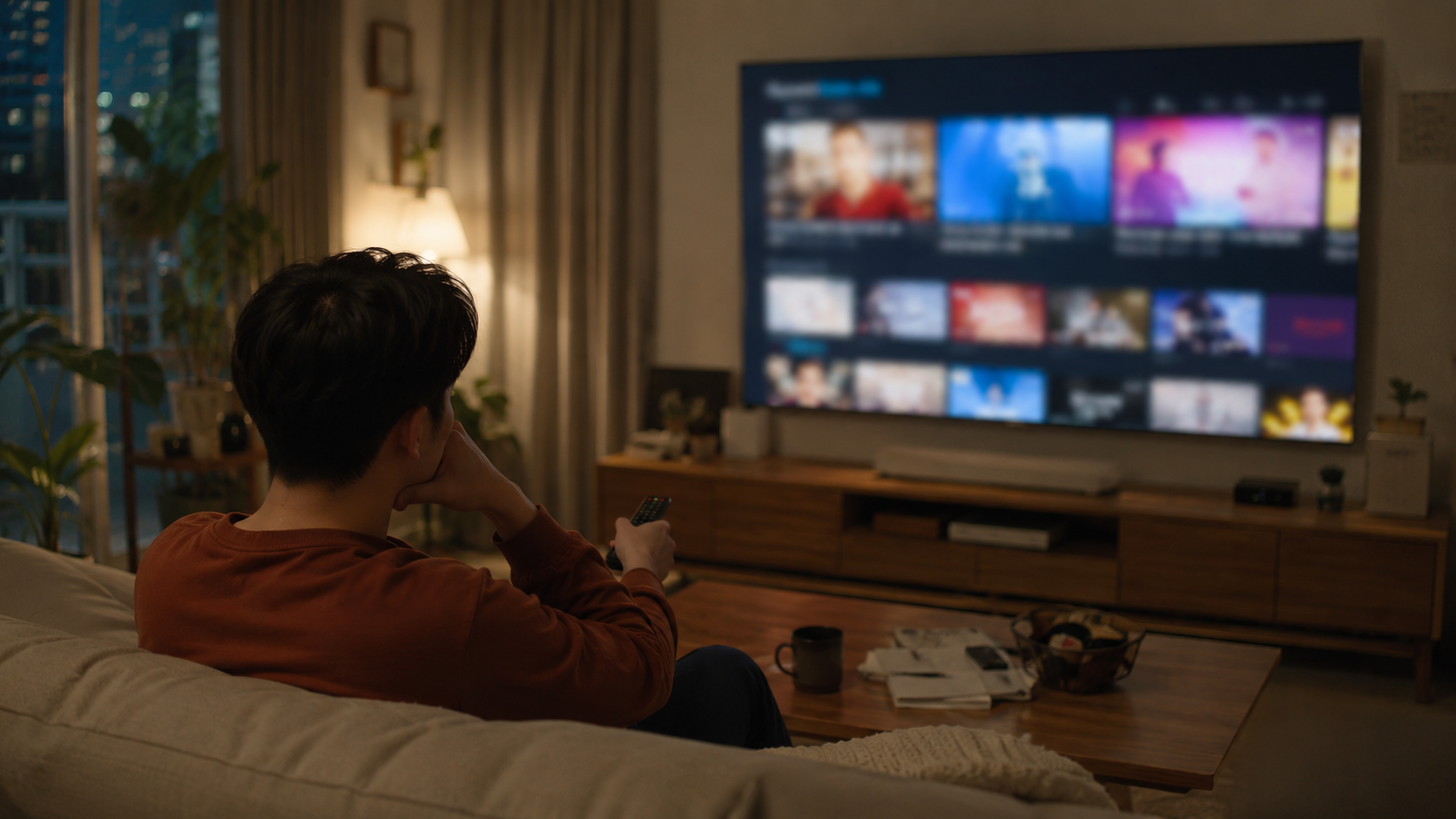 밤의 한국 아파트 거실에서 스마트 TV 홈 화면을 바라보는 사람