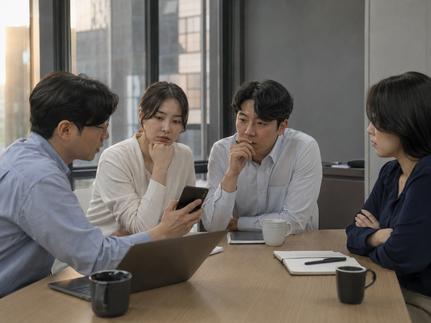 서울의 사무실 회의실에서 휴대폰 화면을 함께 보며 무거운 표정을 짓는 한국인 직장인들