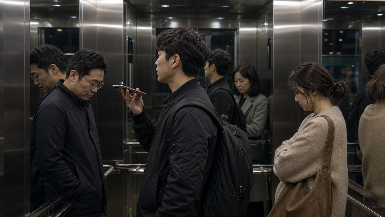 아파트 엘리베이터 안에서 스피커폰 통화 소리에 사람들이 시선을 피하는 장면
