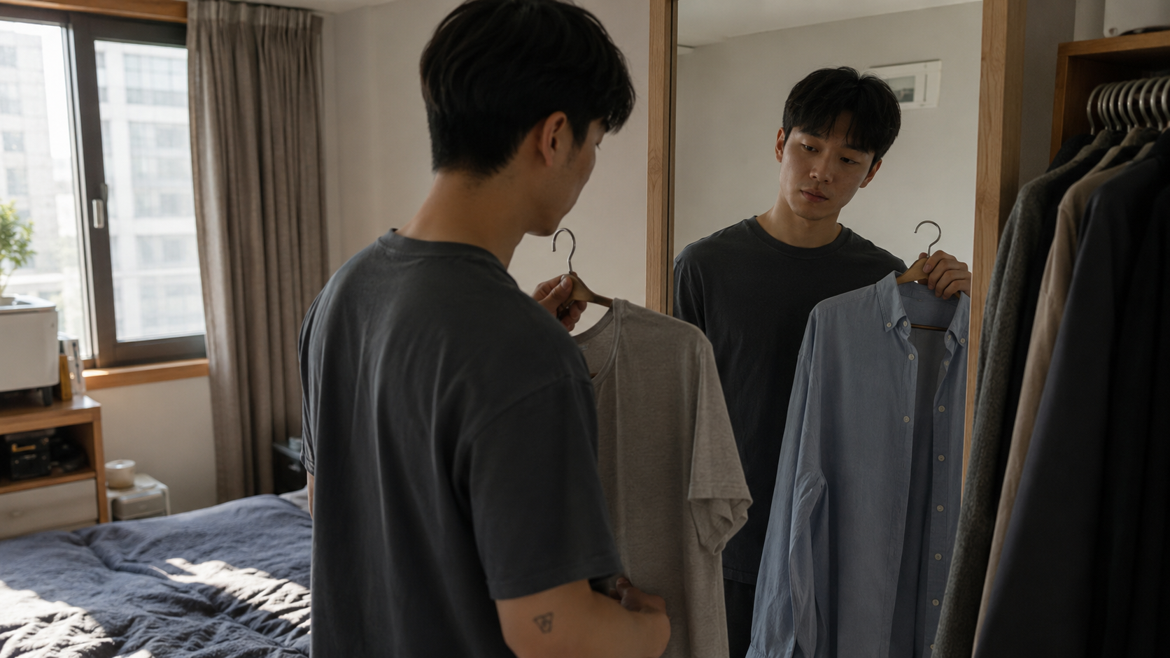 방 안 거울 앞에서 문신이 보이는 옷과 가려지는 옷 사이를 고민하는 사람
