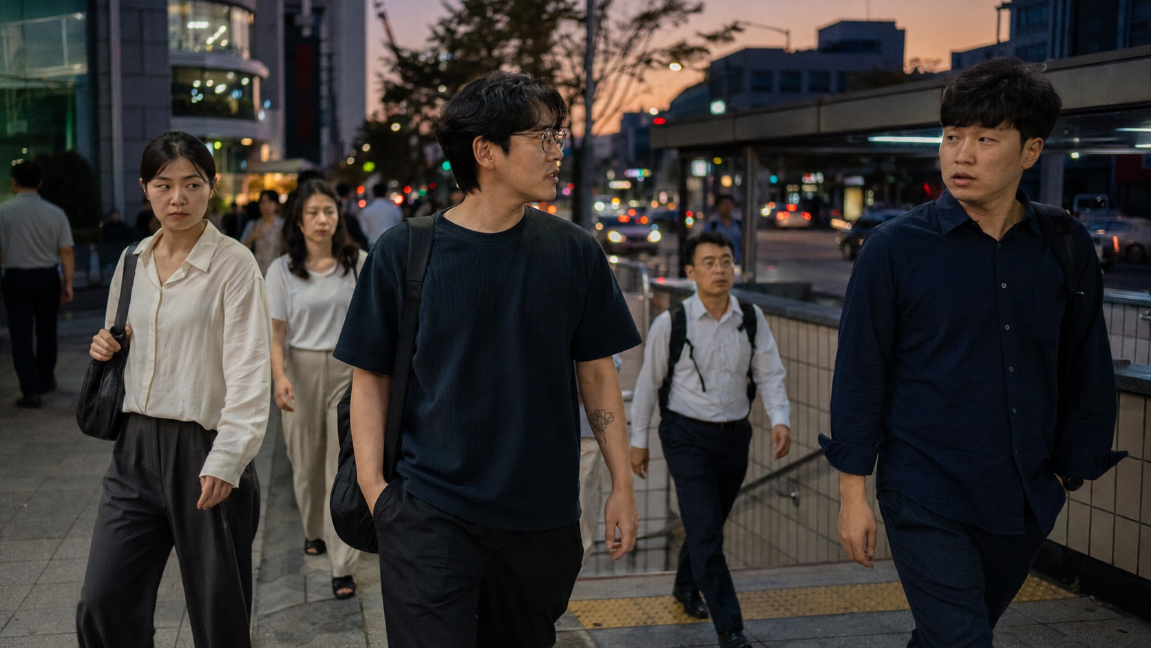 한국 도심 거리에서 팔에 작은 문신이 보이는 사람이 사람들 사이를 지나가는 장면