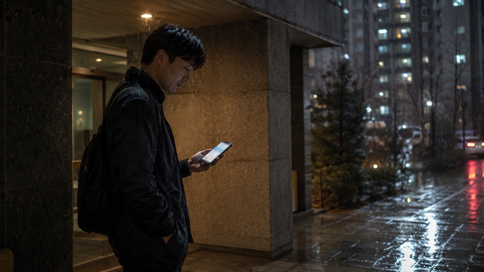 비 오는 밤 아파트 현관 앞에서 휴대폰을 손에 든 사람이 잠시 멈춰 선 장면