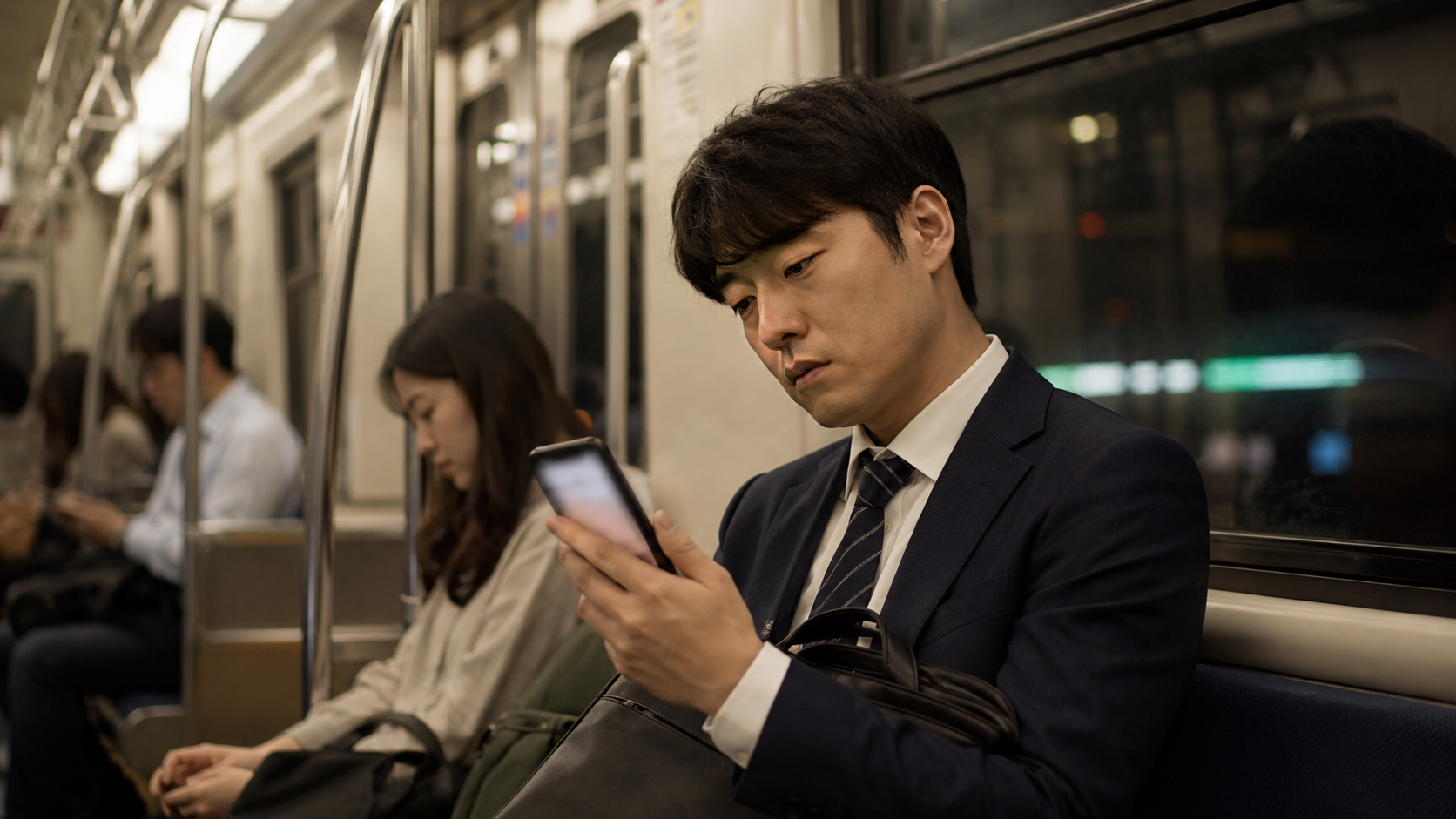 늦은 밤 지하철 안에서 휴대폰 지도 앱을 바라보는 한국 직장인의 손