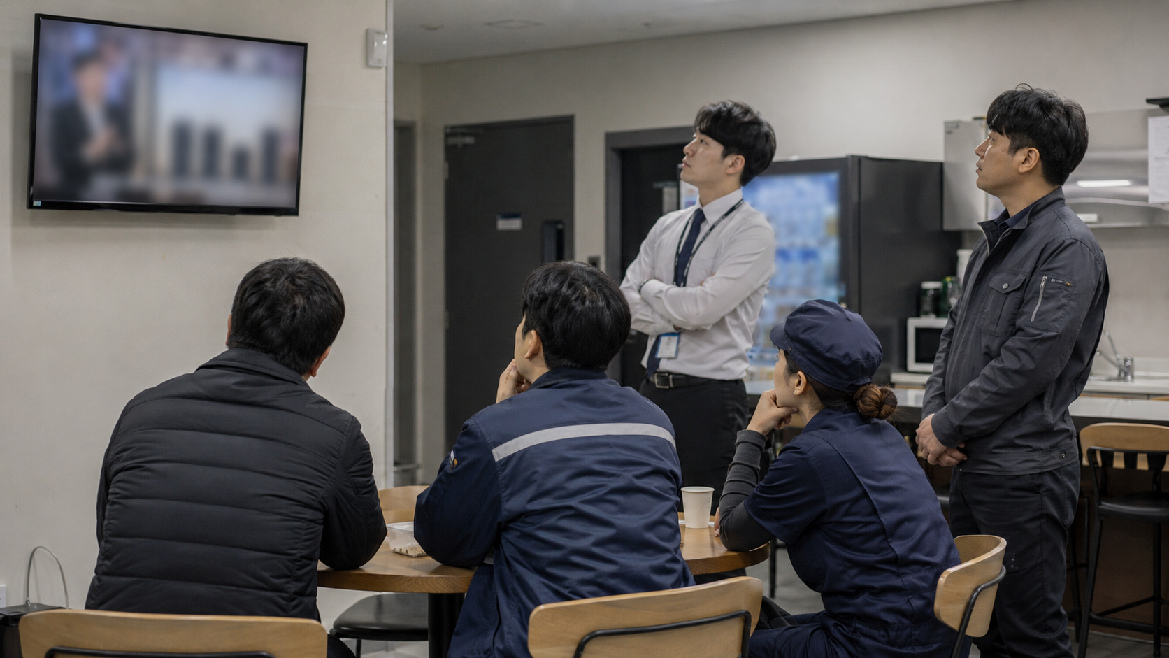한국의 회사 휴게실에서 서로 다른 유니폼을 입은 직원들이 조용히 뉴스를 바라보는 장면
