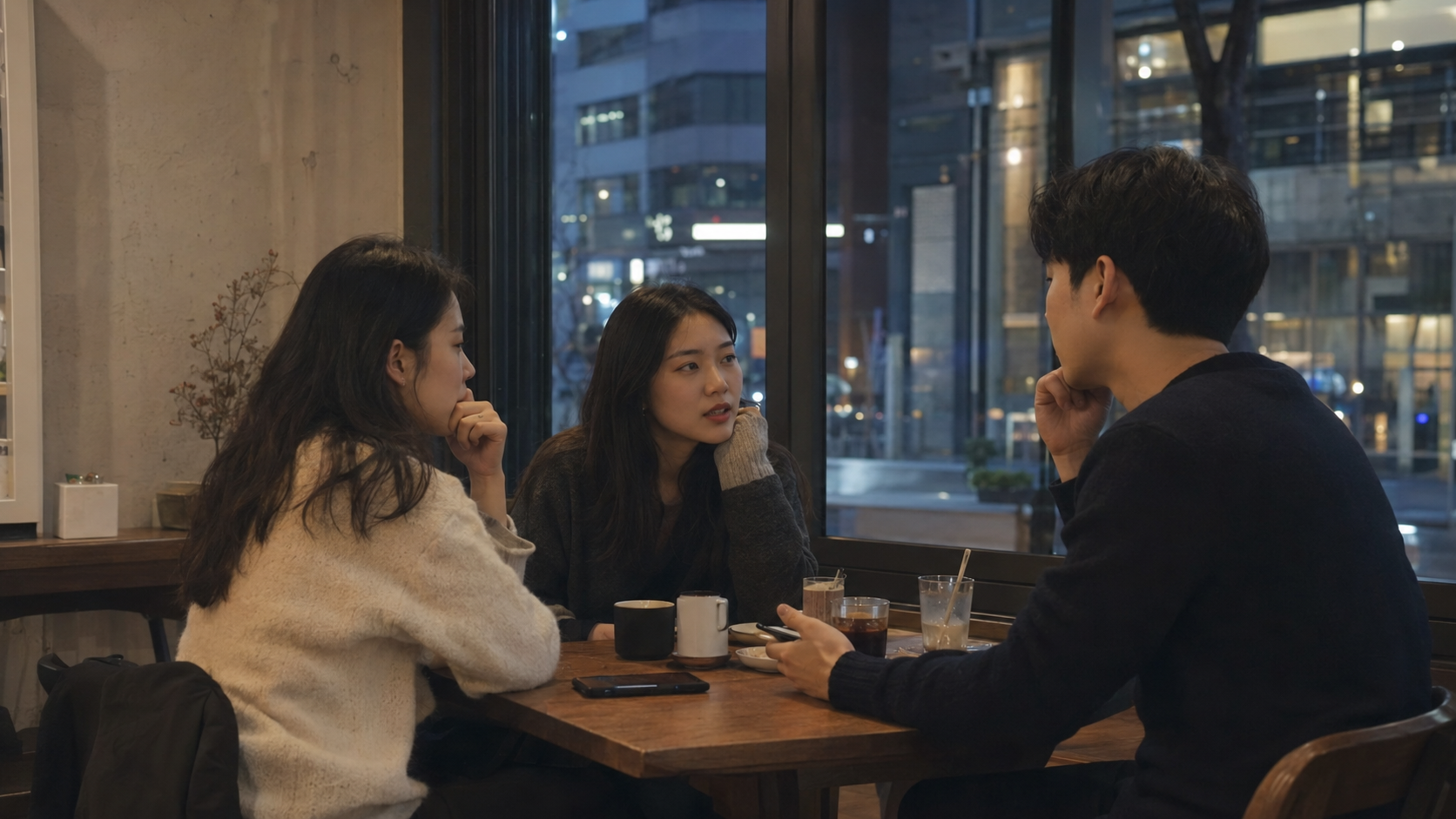 서울의 작은 카페에서 친구들이 각자 휴대폰을 내려다보며 돈 이야기 앞에서 말을 고르는 장면