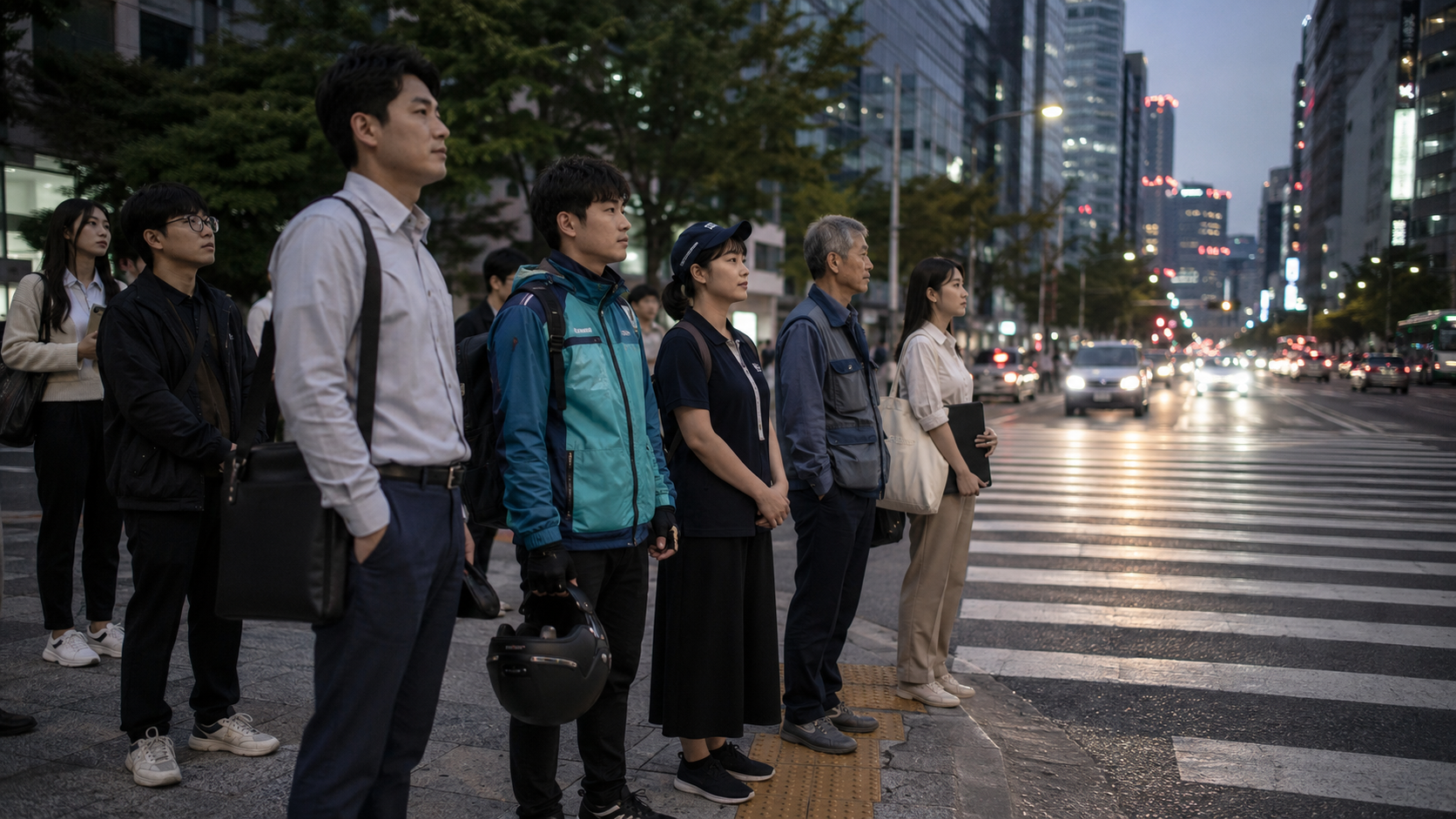 퇴근 시간 서울 도심 횡단보도에서 다양한 직업의 사람들이 같은 신호를 기다리는 장면