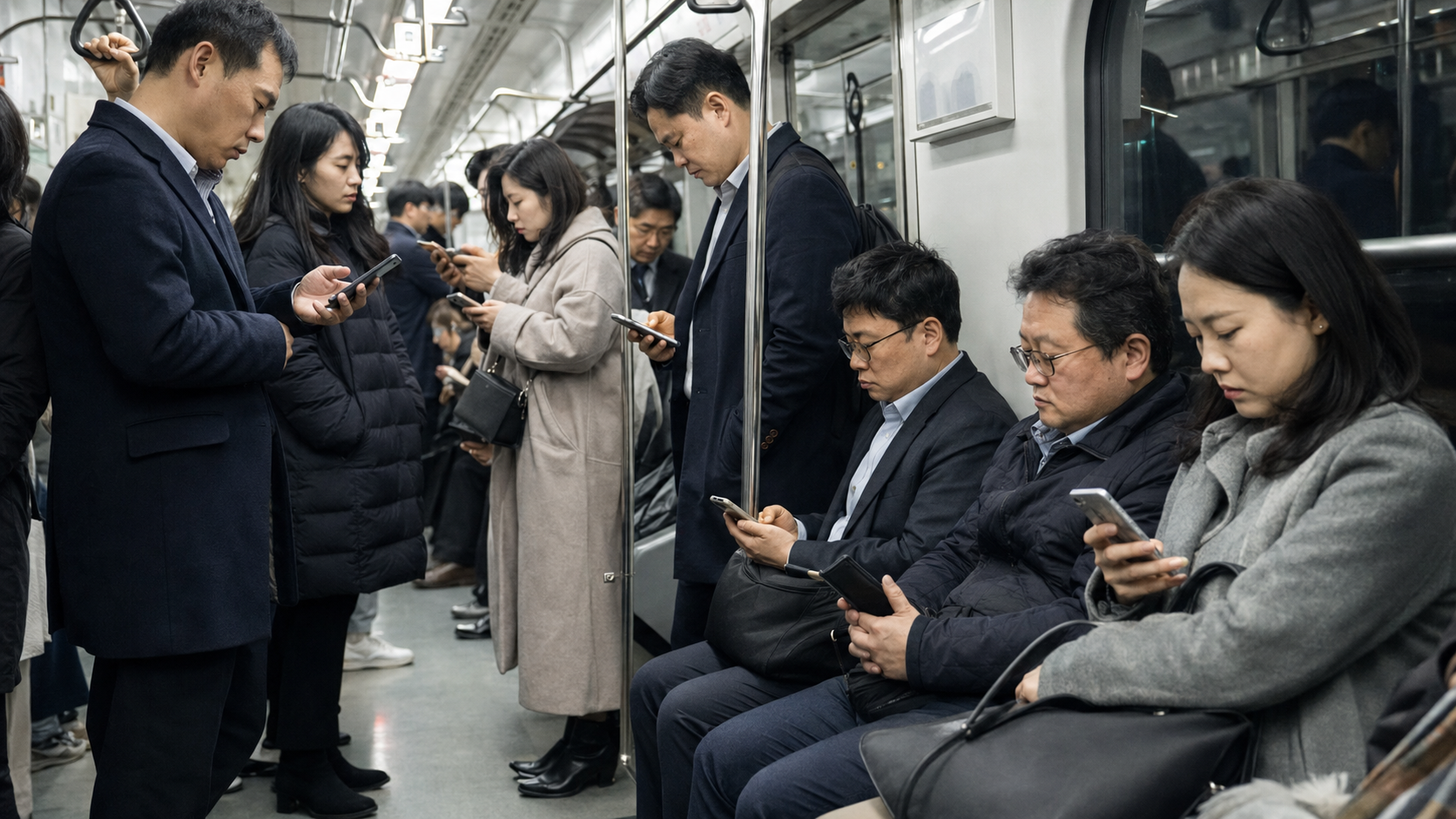 출근길 지하철 안에서 여러 직장인이 휴대폰으로 성과급 뉴스를 보며 무거운 표정을 짓는 장면
