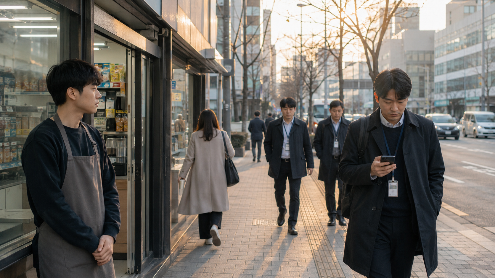 아침 서울 편의점 앞에서 성과급 뉴스를 본 직장인과 아르바이트생이 각자 다른 표정으로 서 있는 장면