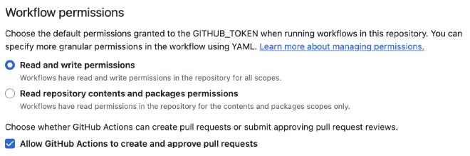 GitHub 워크플로우 권한 설정 스크린샷